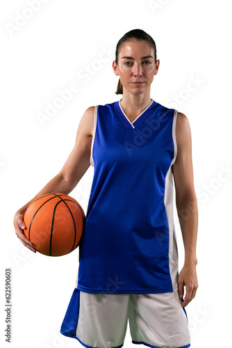 Digital png photo of caucasian female basketball player holding basketball on transparent background