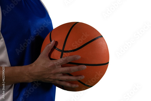 Digital png photo of caucasian male basketball player with basketball on transparent background