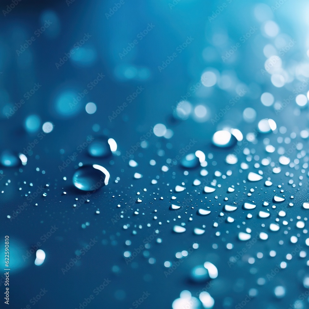 Water drops on a blurred blue background. Close-up shot. Photorealistic Generative AI illustration.