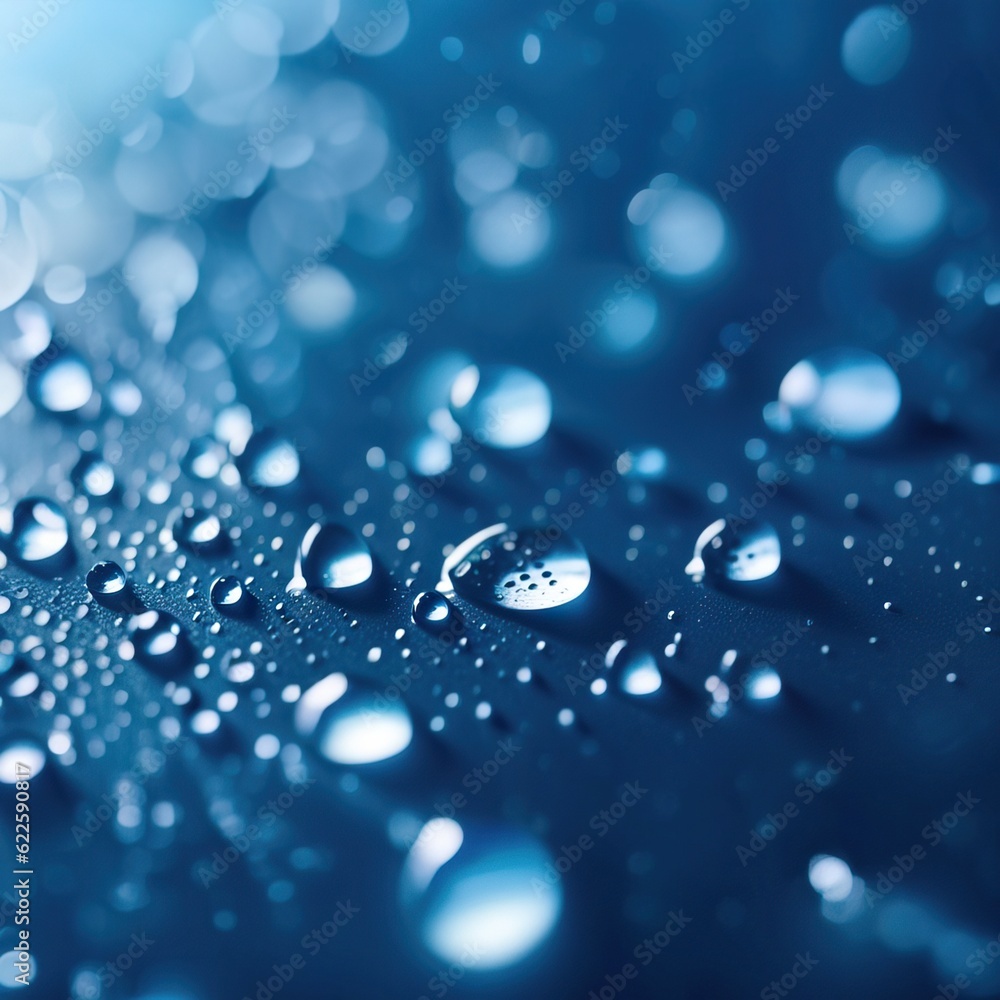 Water drops on a blurred blue background. Close-up shot. Photorealistic Generative AI illustration. Water drops on a blurred blue background. Close-up shot. Photorealistic Generative AI illustration.