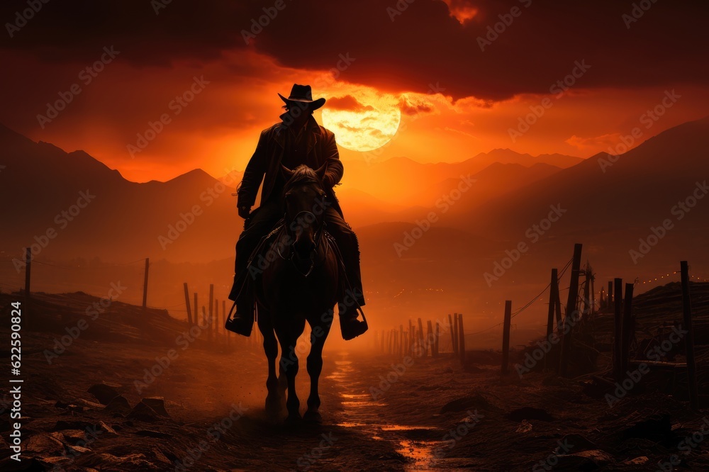 Eternal Symphony: The Timeless Silhouette of a Horse and Rider Enchants the Fiery Sunset, with the Serene Mountain Shadows as Silent Witnesses Generative AI