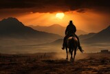 Harnessing the Sunset's Flames: The Striking Silhouette of a Horse and Rider Conquers the Fiery Horizon, as the Majestic Mountains Stand Silently in Shadow Generative AI