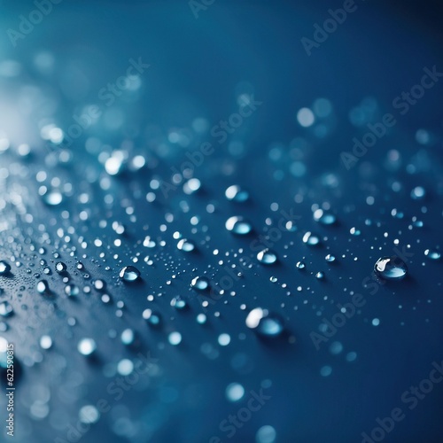 Water drops on a blurred blue background. Close-up shot. Photorealistic Generative AI illustration.