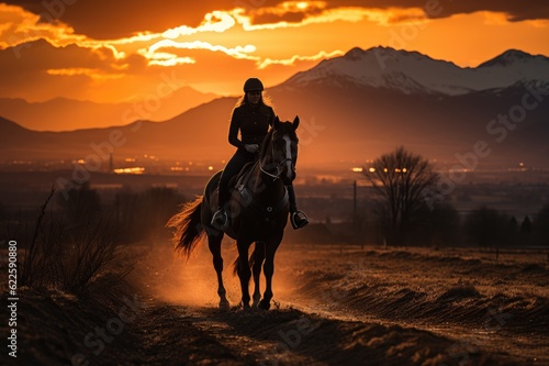 Burning Skies and Mountain Melodies: An Inspiring Silhouette of a Horse and Rider, Painting the Sunset with Fiery Hues and Embracing the Shadows of the Majestic Peaks Generative AI