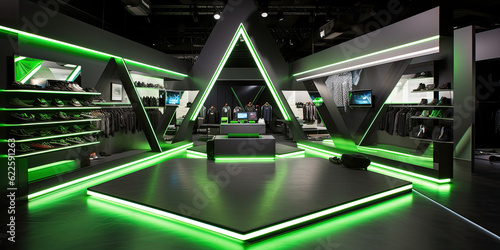 modern instore store, with bold x-shaped graphics in a hint of green