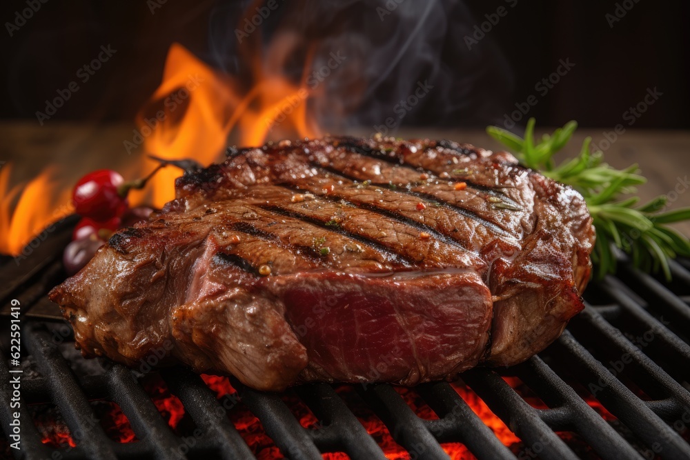 beef ribeye steak grilling on flaming grill beef ribeye steak grilling on flaming grill