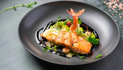 food fish elegant gourmet black plate top view lunch dinnerdish meal fine dining closeup green sea seafood shrimp beautiful modern