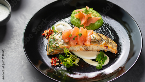 Photography food fish elegant gourmet black plate top view lunch dinnerdish meal fine dining