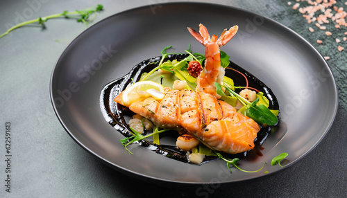 food fish elegant gourmet black plate top view lunch dinnerdish meal fine dining closeup green sea seafood shrimp beautiful modern photo