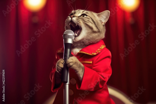 Cute cat in red suit sings into a microphone on stage. Generative AI
