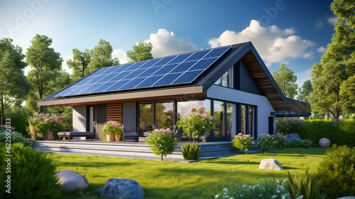 Valokuva Solar panels on the roof of a modern house. Generative AI