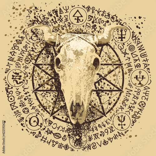 Vector illustration with a horned cow or bull skull, pentagram, occult and witchcraft signs. The symbol of Satanism Baphomet and magic runes written in a circle. black stains and splashes