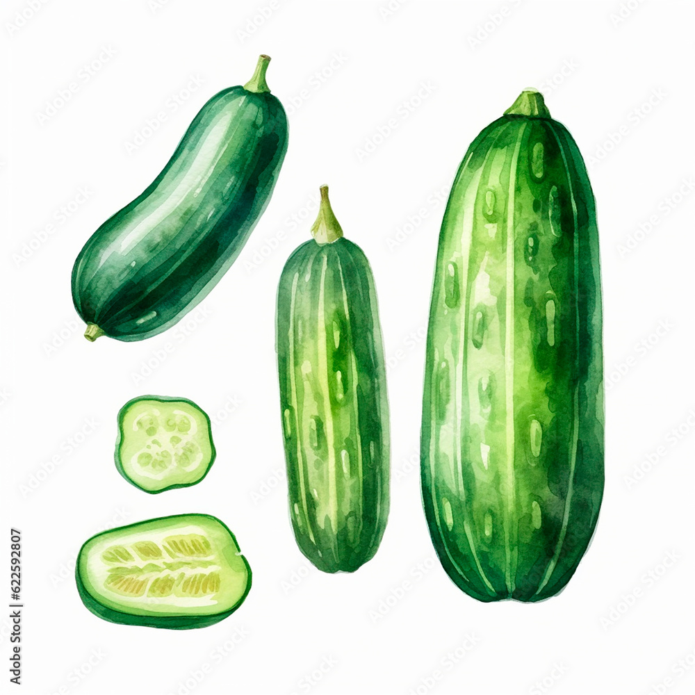 cucumber set watercolor on a white background created with Generative Ai cucumber set watercolor on a white background created with Generative Ai