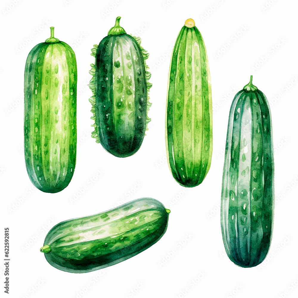 cucumber set watercolor on a white background created with Generative Ai cucumber set watercolor on a white background created with Generative Ai