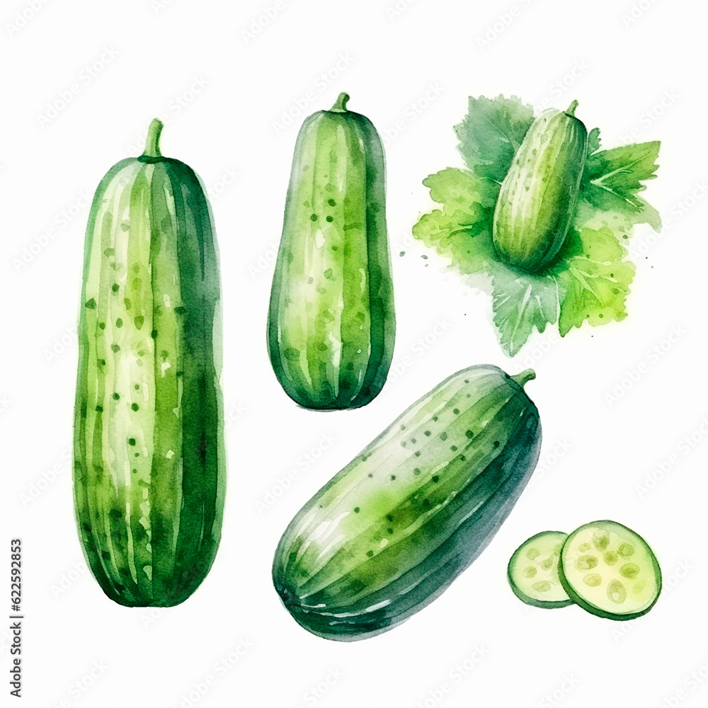 cucumber set watercolor on a white background created with Generative Ai cucumber set watercolor on a white background created with Generative Ai