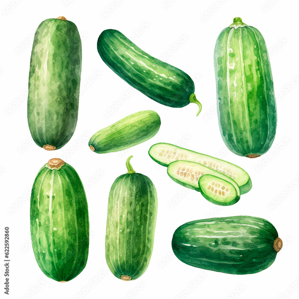 cucumber set watercolor on a white background created with Generative Ai cucumber set watercolor on a white background created with Generative Ai