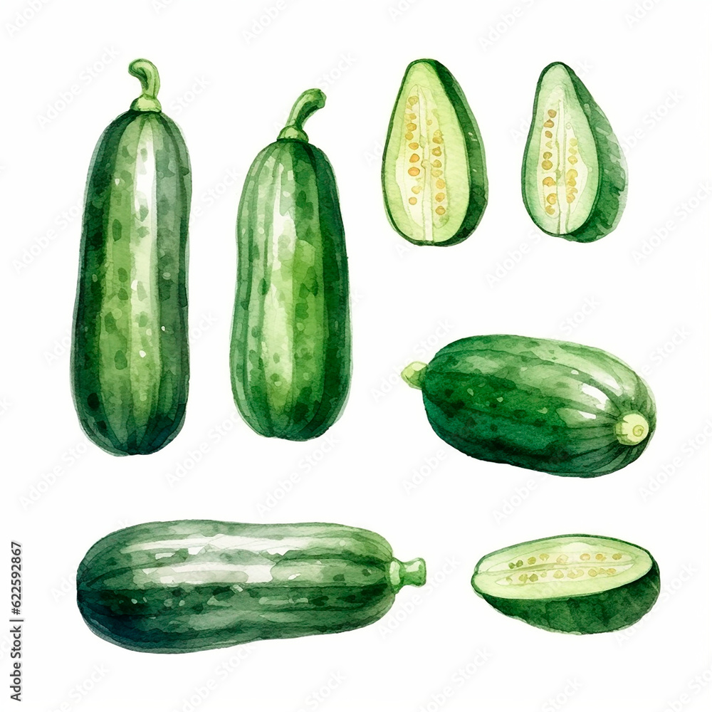 cucumber set watercolor on a white background created with Generative Ai cucumber set watercolor on a white background created with Generative Ai