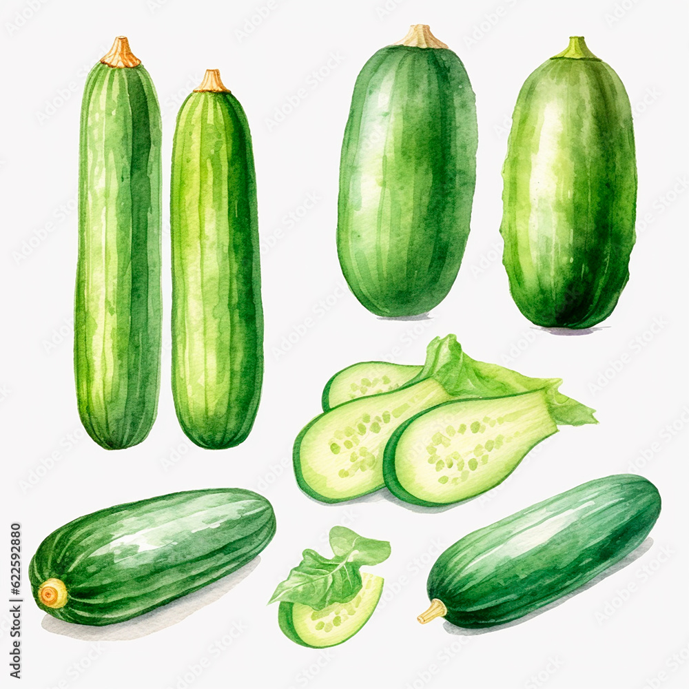 cucumber set watercolor on a white background created with Generative Ai cucumber set watercolor on a white background created with Generative Ai