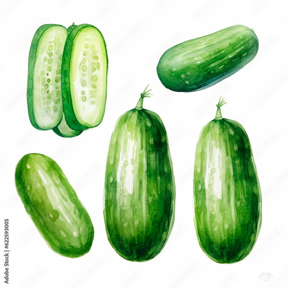 cucumber set watercolor on a white background created with Generative Ai cucumber set watercolor on a white background created with Generative Ai