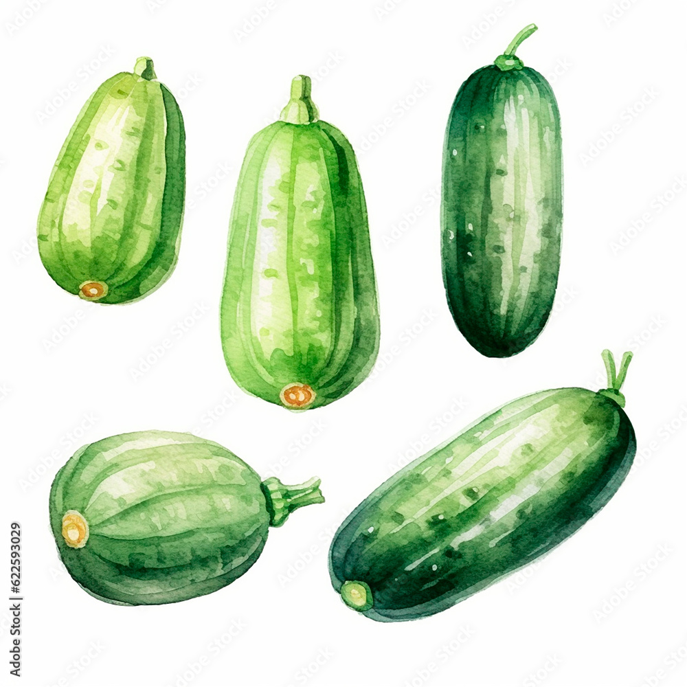 cucumber set watercolor on a white background created with Generative Ai cucumber set watercolor on a white background created with Generative Ai