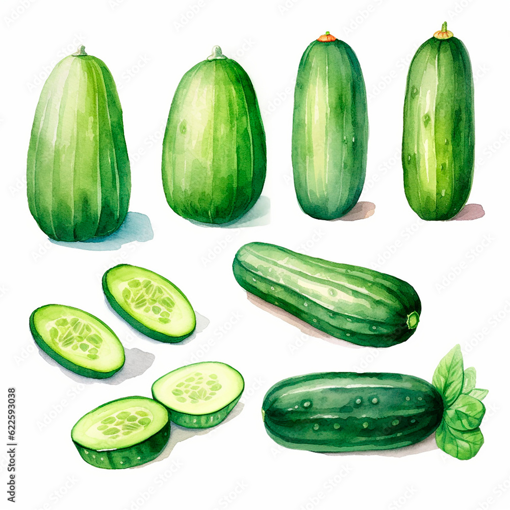 cucumber set watercolor on a white background created with Generative Ai cucumber set watercolor on a white background created with Generative Ai
