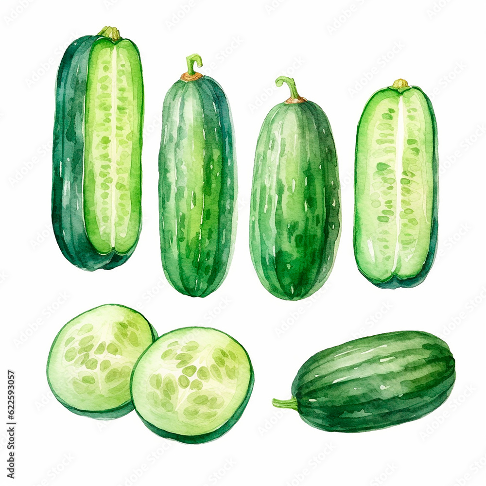 cucumber set watercolor on a white background created with Generative Ai cucumber set watercolor on a white background created with Generative Ai