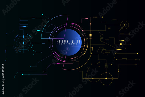 Modern Abstract Technology of Background with Elements Hi-tech Communication in Cyberpunk Style. Futuristic Network Line, Badges for Banner, Cover, Poster. Pattern Research of Science.