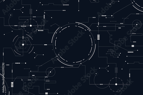 Modern Abstract Technology of Background with Elements Hi-tech Communication in Cyberpunk Style. Futuristic Network Line, Badges for Banner, Cover, Poster. Pattern Research of Science.