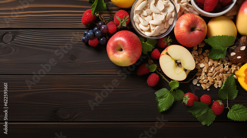 Healthy breakfast ingredients, food frame. Granola, egg, nuts, fruits, berries, toast, milk, yogurt, orange juice, cheese, banana, apple on light grey concrete background, top view, copy space. Banner