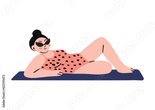 Hand drawn modern woman in a swimsuit sunbathing on the beach, isolated vector illustration in doodle flat style