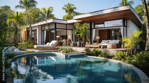 home or house building Exterior and interior design showing tropical pool villa with green garden and bedroom