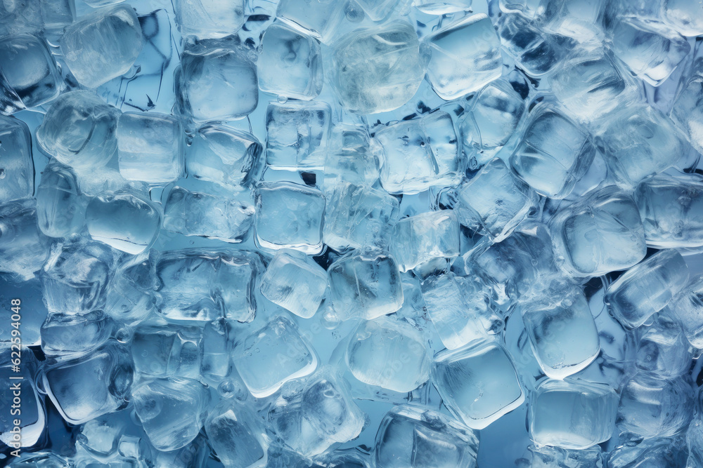 Fresh ice cubes to chill drink. Frozen pure water. Clear ice cubes background. Top view of ice pieces on table Fresh ice cubes to chill drink. Frozen pure water. Clear ice cubes background. Top view of ice pieces on table