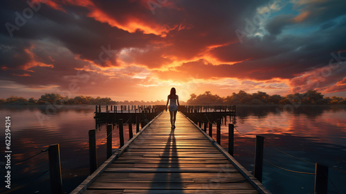 Lone figure standing on a very unusual long pier at sunrise.