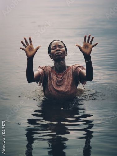 Foto Baptism. Black woman in the water with her hands outstretched