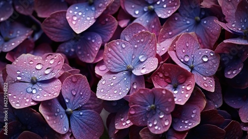 Purple Hydrangeas flowers with water drops background. Closeup of blossom with glistening droplets. Generative AI