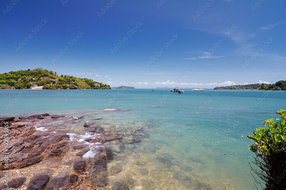 Tropical landscape with sea bay.