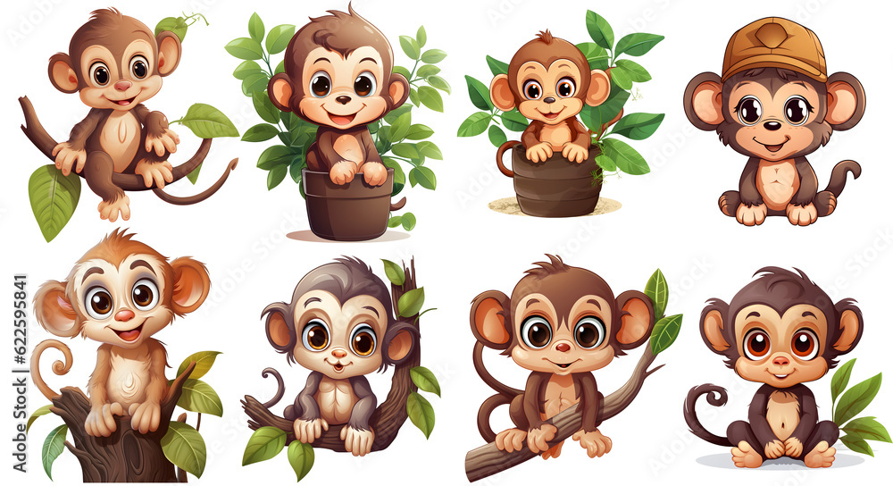 set of monkeys Clipart isolated, generated ai set of monkeys Clipart isolated, generated ai
