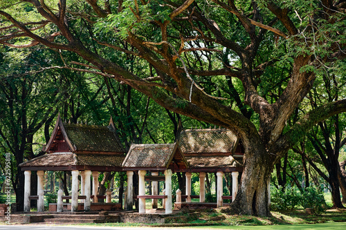 Alcove pavilions on the bank of Beautiful green pond in ancient park of Sukhothai  Thailand
