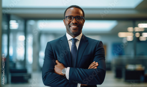 Portrait of young African businessman in shirt, man smiling and looking at camera at workplace inside office, accountant with calculator behind paper work signing contracts and financial reports
