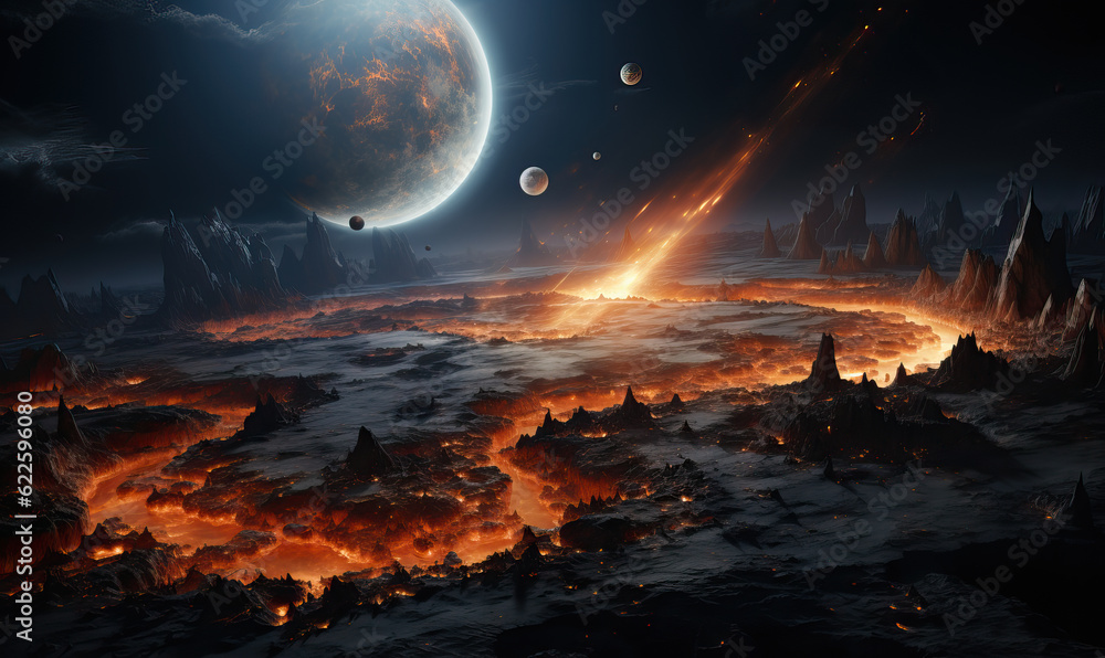 Galactic fantasy landscape. Fiery landscape of the planet. Galactic fantasy landscape. Fiery landscape of the planet.