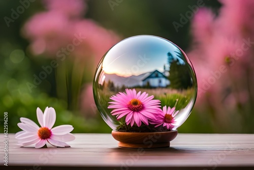 pink flowers in the glass ball generated Ai technology