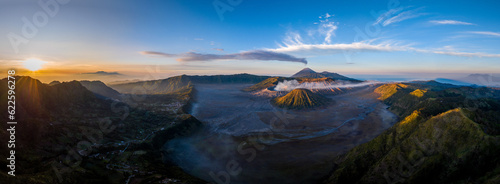 Panorama of Bromo active volcano at sunrise, East Java, Indonesia