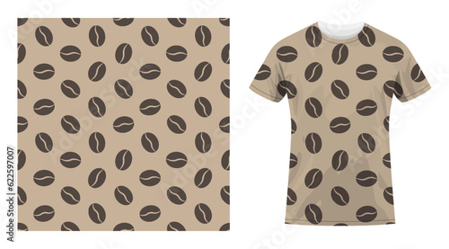Short sleeved cotton sports t shirt decorated Grain of coffee bean plant seamless pattern. Morning drink for great mood. Comfortable summer clothes. Vector ornament for design of textile and fabric
