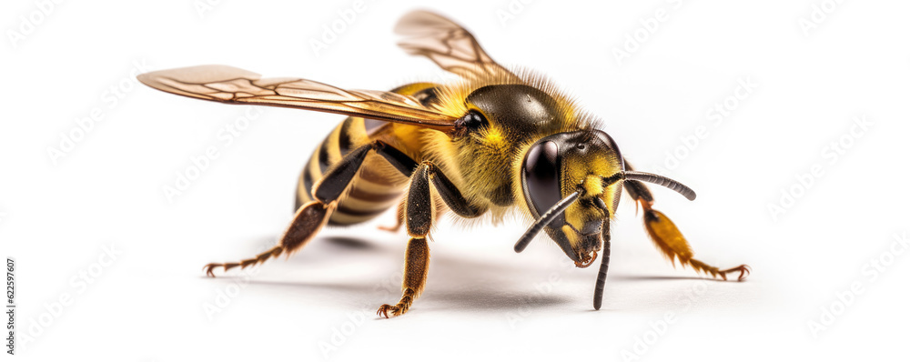 Naklejka premium Detail on a bee on a white background. generative ai
