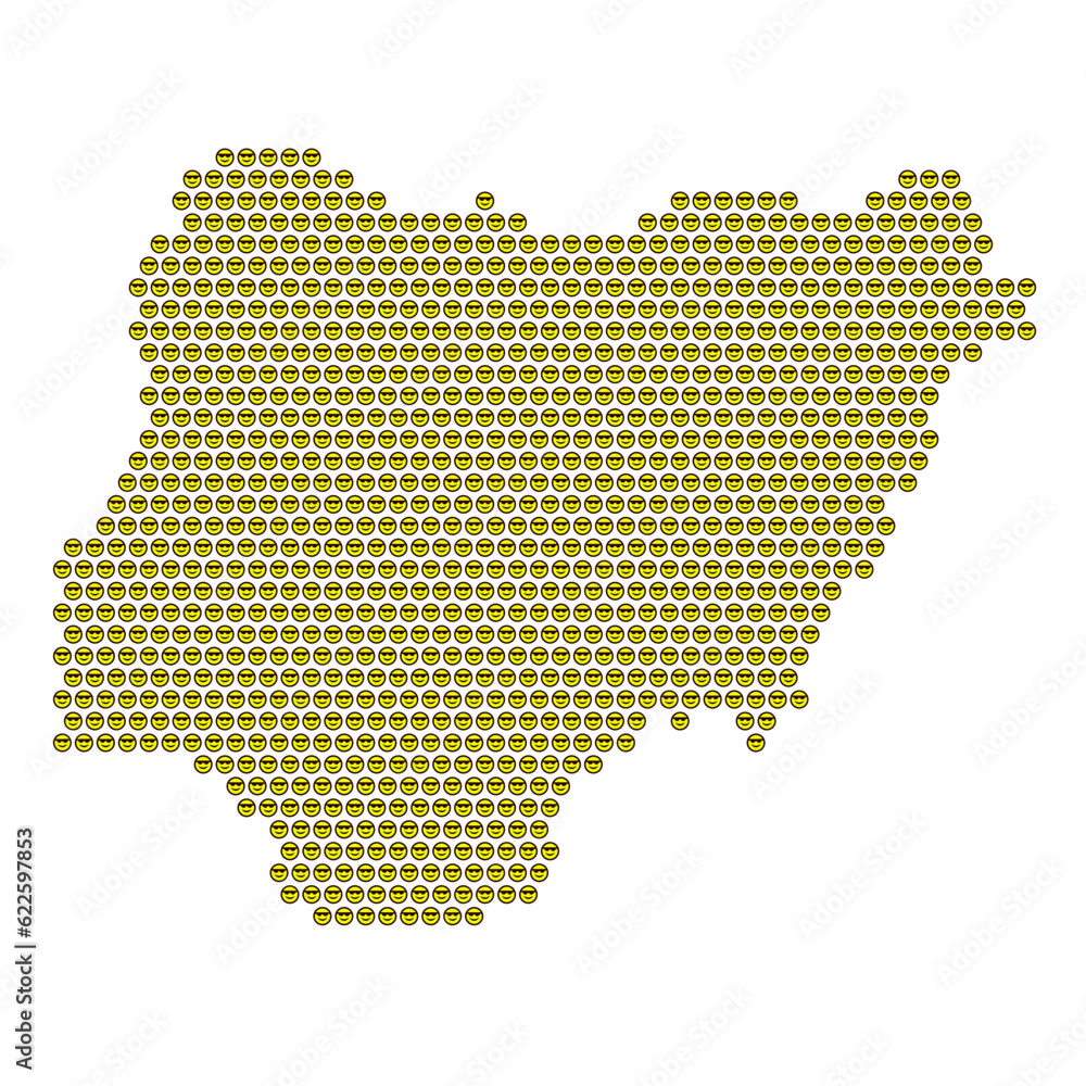 Map of the country of Nigeria with a cool smiley emoticon icon texture on a white background