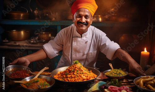 cooking  profession and people concept - happy male indian chef in toque with crossed arms over restaurant kitchen background