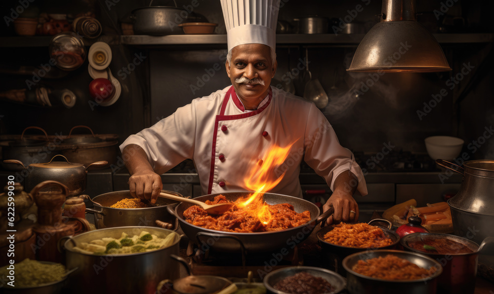 cooking, profession and people concept - happy male indian chef in toque with crossed arms over restaurant kitchen background - obrazy, fototapety, plakaty 