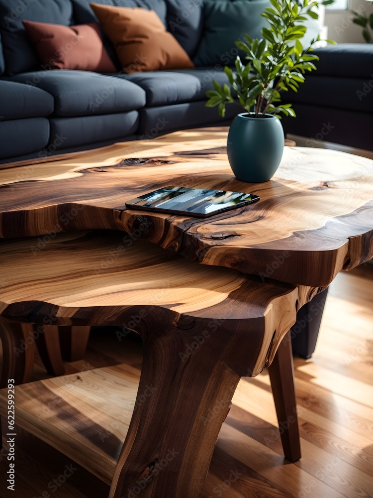 Live edge wooden coffee table. Interior design of modern living room. Created with generative AI Live edge wooden coffee table. Interior design of modern living room. Created with generative AI