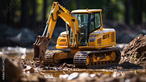 Backhoe working by digging soil at construction site. Bucket teeth of backhoe digging soil. Crawler excavator digging on soil. Excavating machine. Earth moving machine. Excavation vehicle.