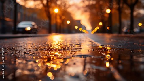 Blurry of road in the middle of asphalt road at sunset.